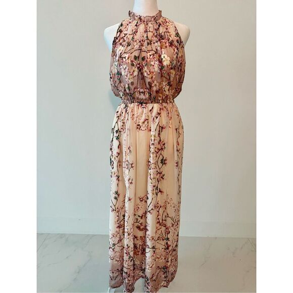 New Chiffon Elegant Floral Print Sleeveless Ruffle Beach Double Split Maxi Dress - Picture 2 of 9